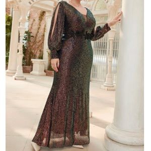 Luxe plus size lantern sleeve sequins party formal evening prom maxi dress